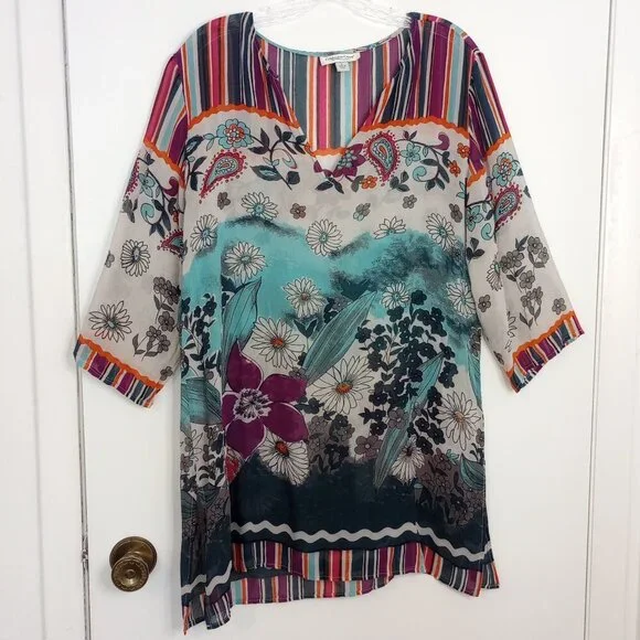 Coldwater Creek Silk Stripe & Floral Sheer Tunic Top - Picture 1 of 11
